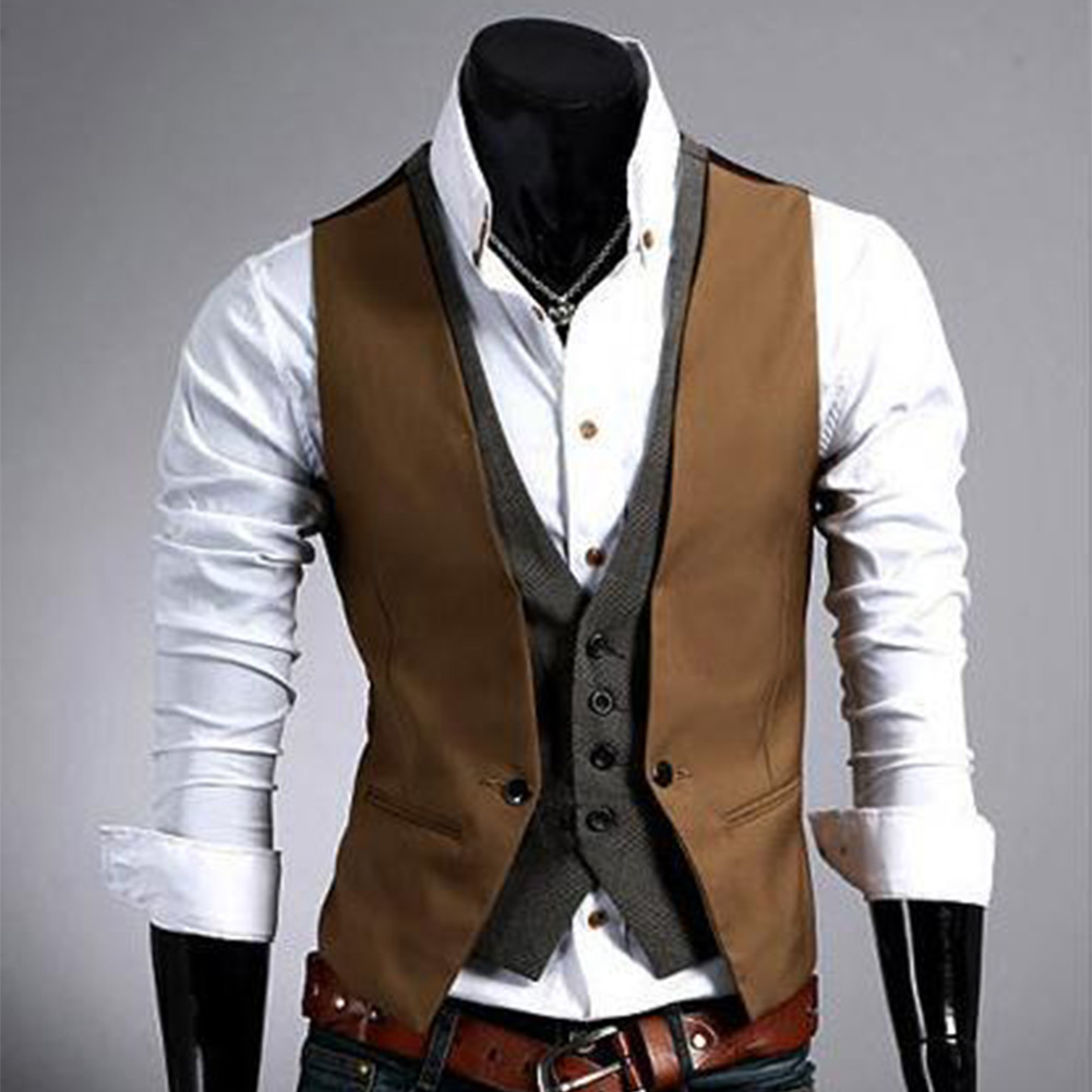 Mens Casual Fashion V Neck Double Layered Fit Vest Waistcoat Slim