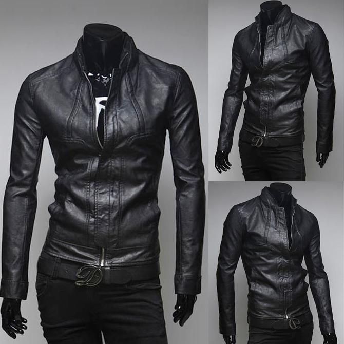 New Winter Men Slim Stand Collar Motorcycle PU Leather Jacket