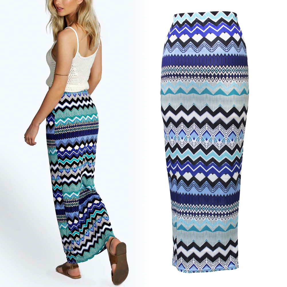 New Women High Waist Fashion Stripe Floral Boho Long Maxi Pencil Skirt