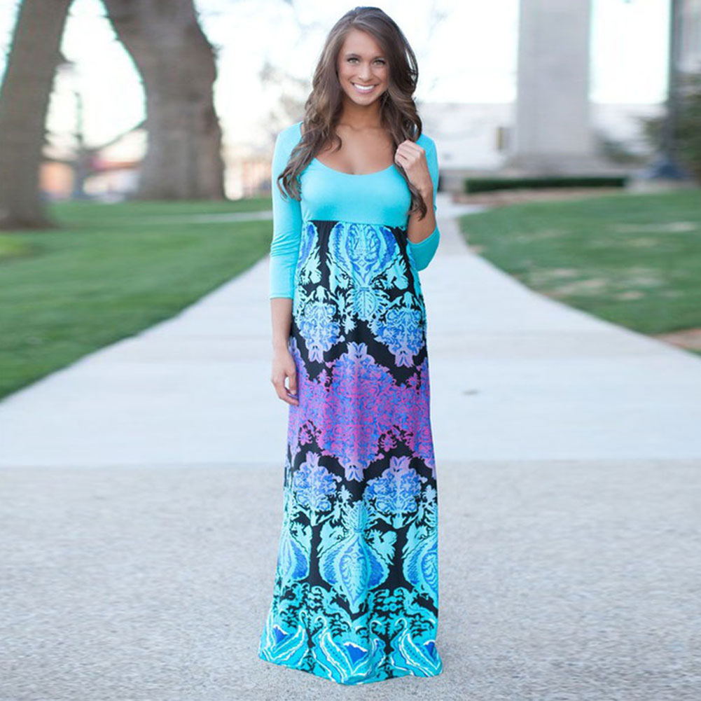 Women Summer Long Sleeve Maxi BOHO Evening Party Dress Casual Beach