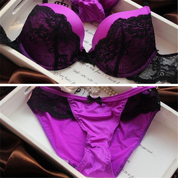 New Womens Lady Cute Sexy Underwear Satin Lace Embroidery Bra Sets Blue