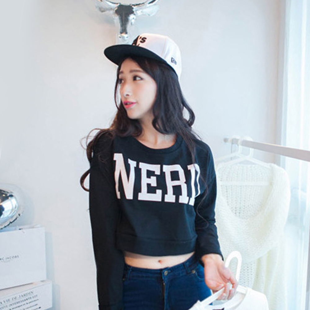 Fashion Womens Cropped Hoodie Tops Long Sleeve Letter NERD Print ...